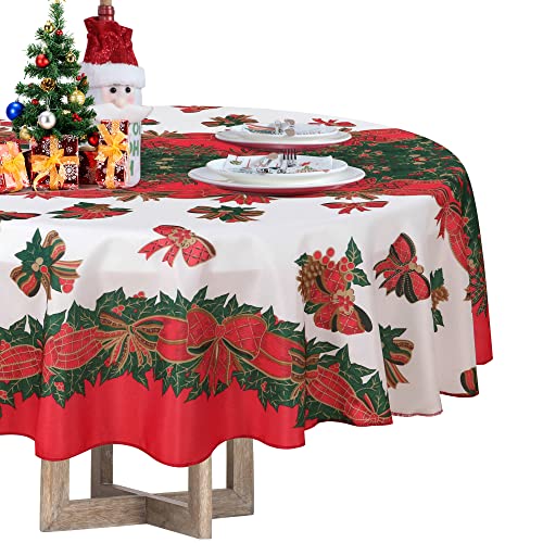 LUSHVIDA Christmas Tablecloth Round - 60inch Holly Ribbon Pattern Washable Wrinkle Resistant Holiday Tablecloths for Christmas Family Gathering, Dining Room Table 130GSM