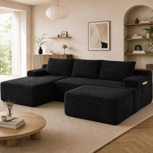 Image of Boneless Couch, Modular Sectional Couches for Living Room, U-Shaped Cloud Couch Sofa with Deep Seat, Fluffy Corduroy Upholstered Corner Sofa