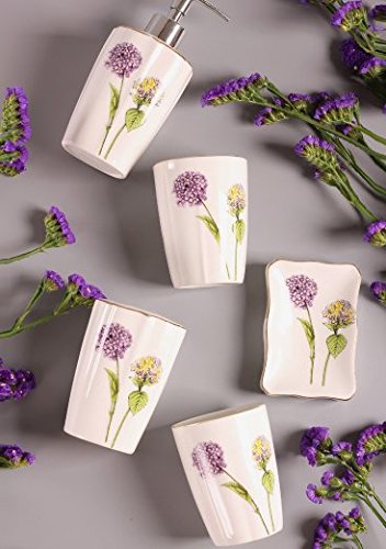 Jruf Dandelion Love Ceramic 5 Piece Set Of Bathroom Accessories, Including Decorative Countertop Soap Box, Toothbrush Holder, Tumbler, Lotion Dispenser, Gift Box (Purple) #TOP4