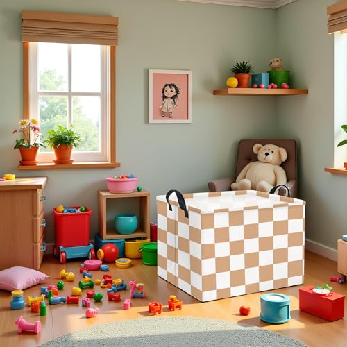 Image of Rectangular Baby Girl Basket Fabric Storage Basket Storage Bin Organizer Box Room Decor(Brown Checkered)