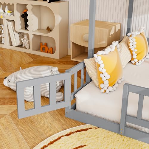 Image of YOPTO Twin Over Full Bunk Bed with Slide,Storage Staircase & Safety Guardrails,Wooden Bunk Bed w /Slat Support,Space Saving,Bedframe Furniture for Student Dorms,Studio,Grey