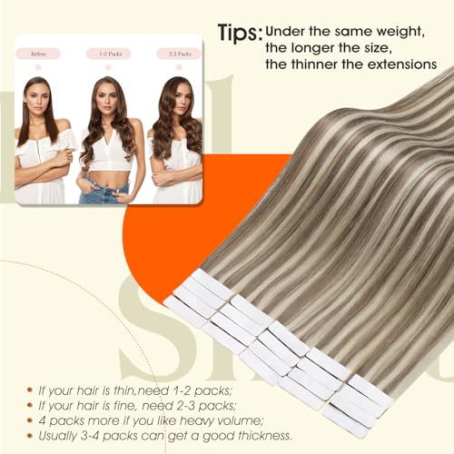 Image of Full Shine Long Lasting Tape in Hair Extensions Human Hair,8P60 Beige Blonde Highlighted Ash Brown,24Inch 50G 20Pcs,Remy Hair Extensions,Seamless Natural Blend Tape Extensions for Fuller Hair