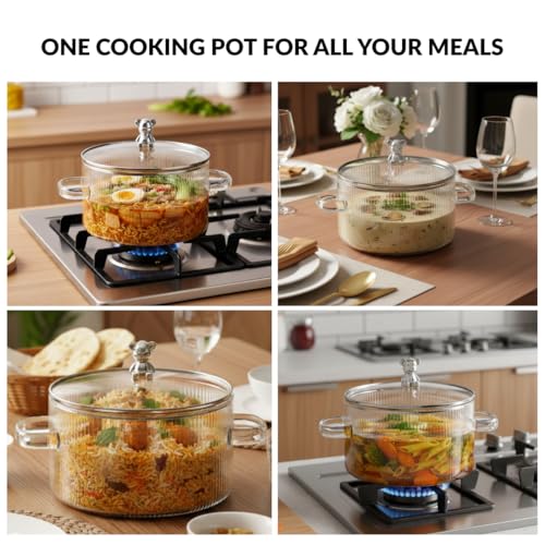 Image of Nestasia Borosilicate Glass Cooking Pot on Gas Stove (1600 ml) - Fluted Casserole with Air Vent Glass Lid | Microwave & Dishwasher Safe Durable Handi for Kitchen