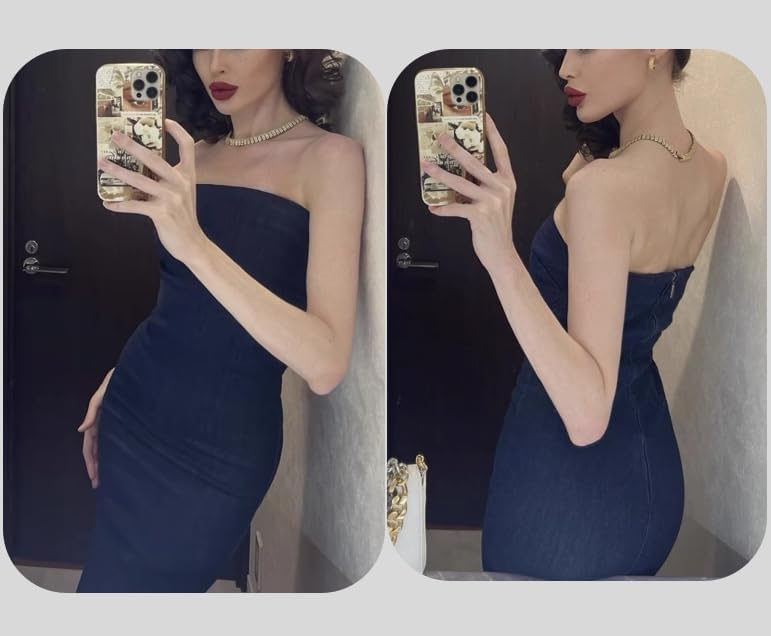 XPONNI Denim Maxi Dress for Women Denim Tube Dress Strapless Sleeveless Bodycon Midi Jean Dresses for Women 2025 - Image 3