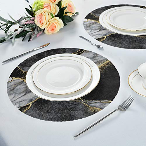 Kaariok Black White Gold Marble Art Round Placemats Set Of 6, Washable Heat Resistant Place Mats For Dining Kitchen Table #TOP5