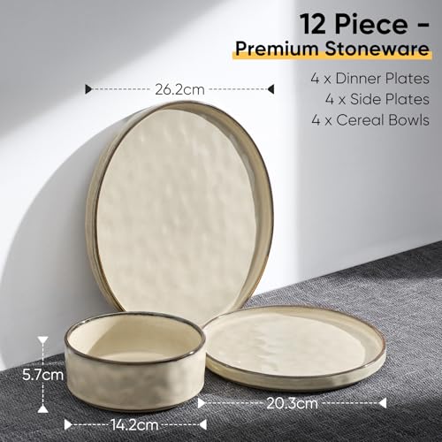 Homikit 12 Piece Dinner Sets, Reactive Glaze Plates and Bowls Set for 4 People, Elegant Dinnerware Stoneware for Kitchen Dinner Camping, Scratch Resistant, Dishwasher & Microwave Safe, Desert Khaki - Image 3