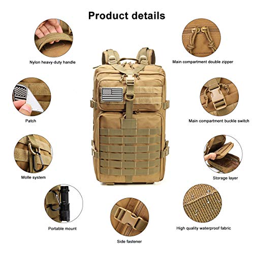 Roaring Fire Tactical Backpack. Large Army Assault Pack, Expandable Molle Backpack For The Outdoor, Hiking, 3 Day Pack, Bug Out Bag, Trekking, Hunting Or Tactical Uses 45L (Desert Tan) #TOP2