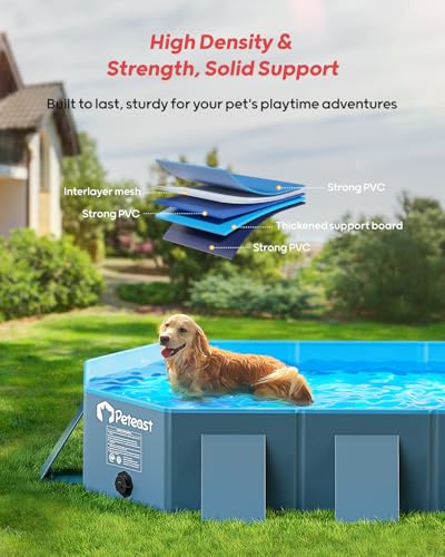 Image of Peteast Dog Pool for Large Dogs, Foldable Hard Plastic, 82 x 46 x 12 in | Extra Large Collapsible Pet Bath Tub with Non-Slip Base for Indoor, Outdoor and Backyard Use, Blue&Dark Gray