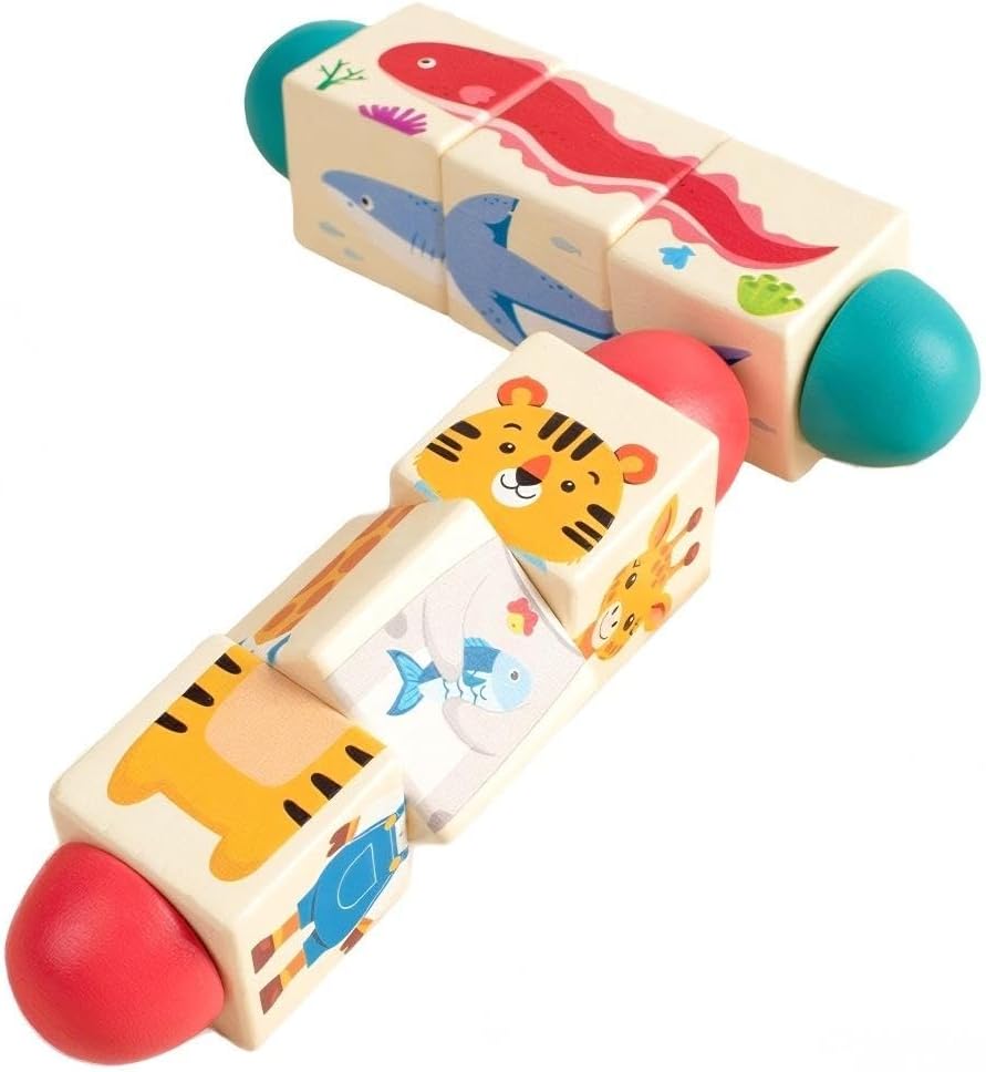 Wooden Rotating Puzzle Toys for Toddlers 1-2 (Set of 2) - Montessori Travel Toys for Airplane & Car Activities - Spinning Animal Matching Blocks - Sensory Fidget Gift for Boys Girls 12-24 Months