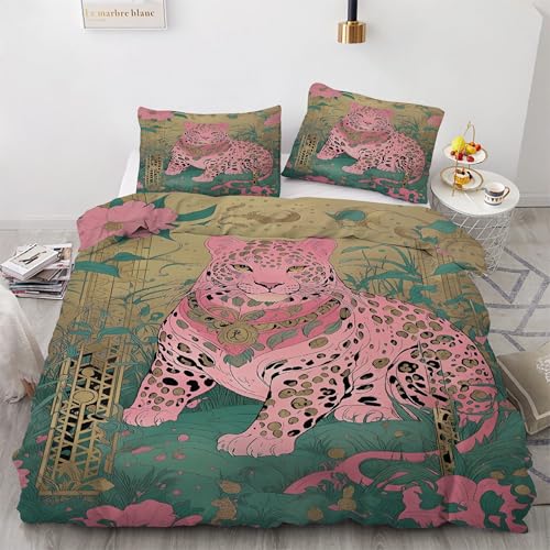 Housse de couette 200x200 léopard rose parure de lit microfibre douce avec fermeture éclair