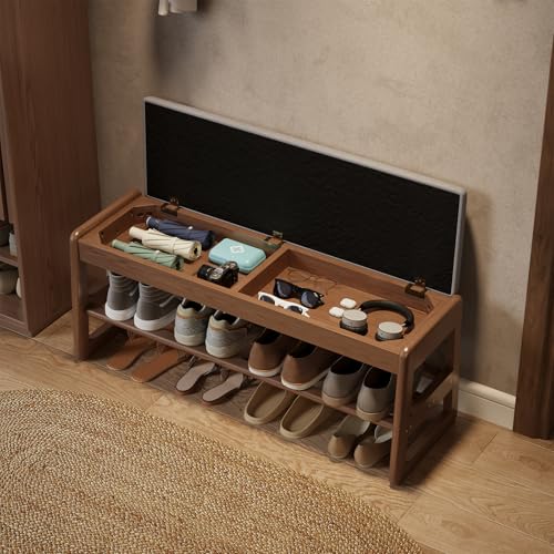 AQIMUELE Banc à Chaussures Rembourré, Banc de Rangement en Bois Massif, Rangement Caché, Étagère à Chaussures à 2 Niveaux, Meuble d'Entrée, Coussin...