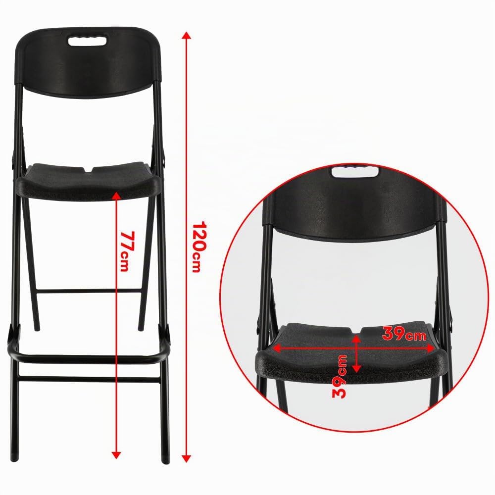 Lot de deux chaises de bar pliantes noires - Ht 120cm - Chaises hautes pliantes - Cadre en acier - avec dossier et repose pied