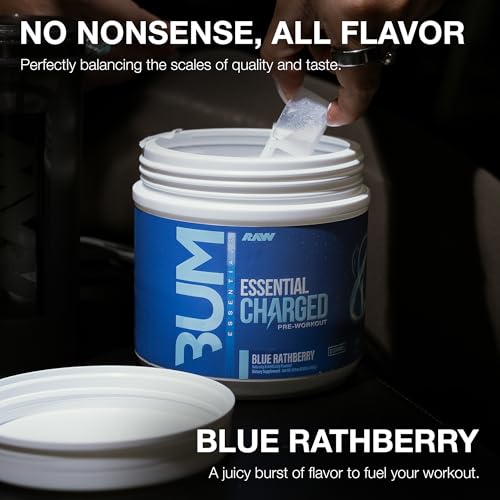 Image of RAW Pre-Workout Powder, Essential CHARGED (Blue Rathberry) - Preworkout Supplement for Men & Women - Supports Focus, Mood, & Performance - Caffeine, Alpha-GPC, L-Citrulline, Beta Alanine (25 Servings)