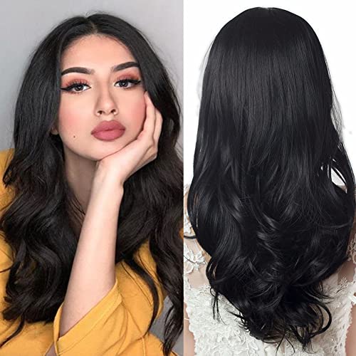 HANNE Long Hair Body Wave Synthetic Wigs For Black /White Women Middle Part None Lace Wavy Wig Heat Resistant Glueless Full Wigs (Black)