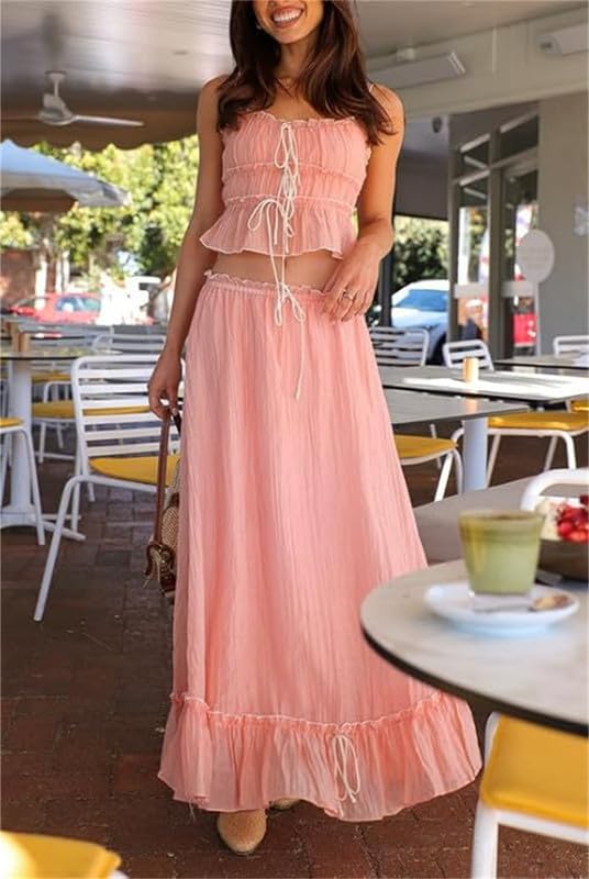 Women Y2k 2 Piece Outfits Patchwork Front Tie-Up Camisoles and Ruched Ruffle Maxi Skirt Matching Set Beachwear2