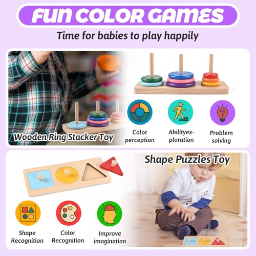 WoodTrove Wooden Montessori Toys for 1+ Year Old, 9-in-1 Learning Educational Set with 3-in-1 Activity Box, Pound Bench, Shape Puzzle, Cloth Books, Fishbone Matching & Ring Stacker - Image 5