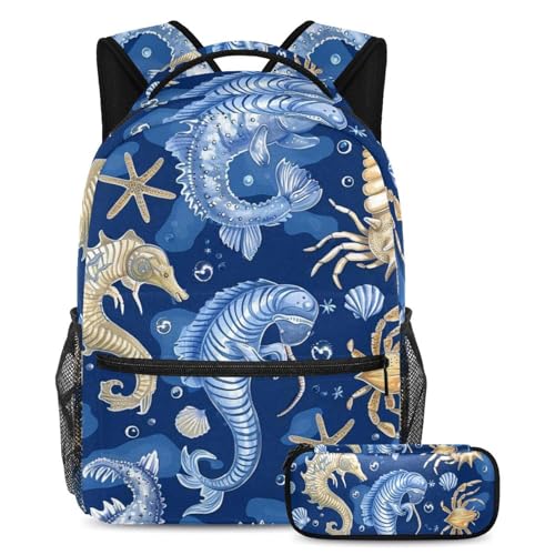 Sac à dos avec trousse étanche motif marin hippocampe et étoile de mer