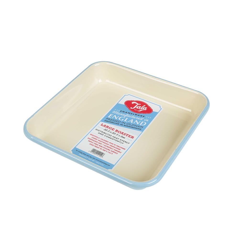 TalaEnamel Large Roaster in Cream & Blue Design, Made in England