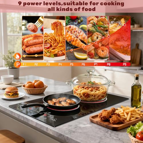 Image of 2 Burner Electric Cooktop 2000W, 12 Inch Electric Cook Top Plug in 110V, Electrics Stove with Touch Control, Countertop & Built-in Ceramic Stovetop, 9 Heating Level, Timer, Residual Heat Indicator