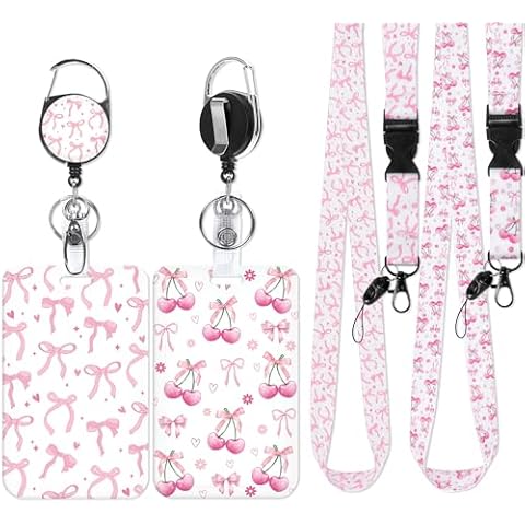 2 Pcs Badge Holder Retractable Clip with Lanyard, Pink Bow Cherry Print Lanyard with ID Holder, Cute Breakaway Lanyards for ID Badges for Women with Name Badge Holders Cover