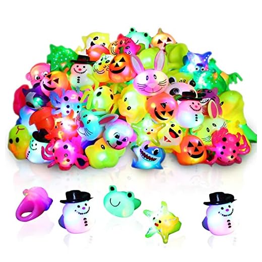 L-Lweik 48 Pack Party Favors for Kids Light Up Rings Led Jelly Rings Flashing Finger Lights Glow in The Dark Rings Party Supplies Carnival Prizes Birthday Novelty Gifts Halloween Bulk Toys Boxed