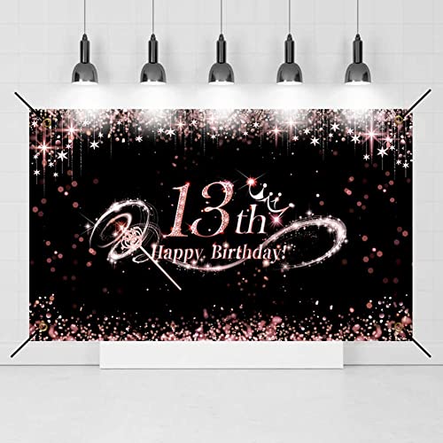 Bannière dorée rose « Happy 13th Birthday » - Décoration de fond pour filles - Tissu extra large - 13 ans - Pour fête officielle - Décoration de fond pour fête d'adolescent Cover