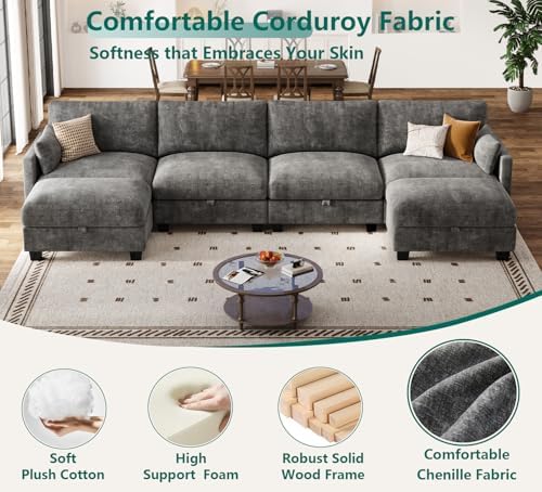 Modular Sectional U Shaped Sofa Couches for Living Room, Cloud Couch with Storage Ottoman, Comfy Chenille Sofa with Pillow, Dark Gray - Thumbnail 2