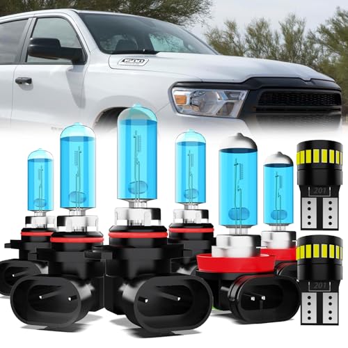 Image of Headlight Bulbs License Plate Lights Fit For Dodge Ram 2019-2020 with projector, 9005 High Beam + 9005 Low Beam + H11 Fog Lights Halogen Light Bulb + License Plate Lights, Pack of 8