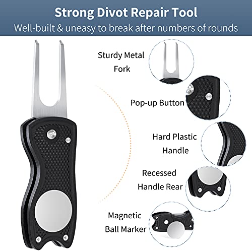 Vibit Foldable Golf Divot Repair Tool With Magnetic Ball Marker And Pop-Up Button Green Tool Accessories With Metal Fork Tine And Plastic Handle For Golfers, 2 Pack #TOP1