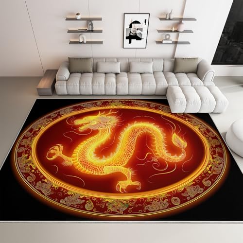 Tapis Antidérapant 120 x 170 cm, Tapis Style Chinois Fantaisie Animaux Dragon Jaune Doux Adulte Poil Ras et Lavable pour Le Salon Chambre Cuisine et Couloir...