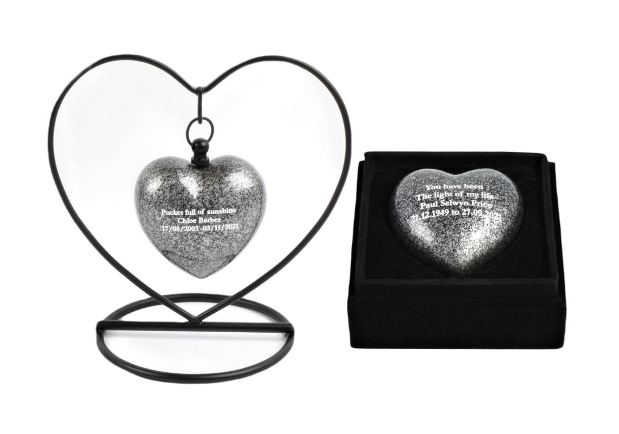 Heart Keepsake Cremation Urn for Ashes – Exclusive Protected Design Mini Aluminium Memorial Urn with Heart Stand, Velvet Box & Funnel – 3-Inch Token Ashes Holder (Grey- Text Engraved) — image 1
