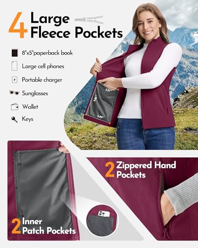 Outdoor Ventures Damen Fleece Weste Ultraleichte Polar Fleeceweste Dünne Outdoor Luafwesten für Frauen Ärmellos Jacke mit 4 Taschen Frühlings Herbst für Laufen Wandern Camping, Weinrot M