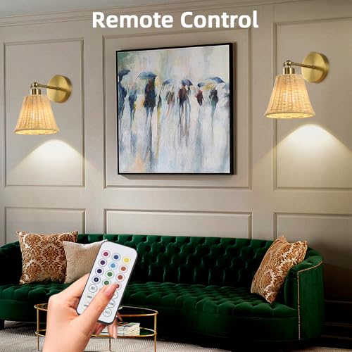 Image of Battery Operated Wall Sconce Set of Two, Rechargeable Wall Sconces with Remote RGB 15 Colors Dimmable, Farmhouse Boho Wall Lights for Bedroom Living Room Entryway