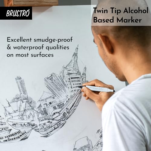 Image of BRUSTRO Twin Tip Alcohol Based Marker (Pack of 2) |Blue (Mint Green Light)|Tip Size - Broad 1-7mm line,Fine 0.7mm|Smudge-Proof,Waterproof, Ideal for Texturing, Sketching,Graffiti,Comic Artist,