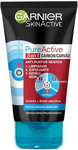 Gel Exfoliante Facial 3 en 1 con Carbón - Limpia Poros y Reduce Puntos Negros