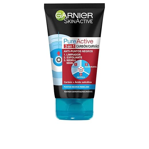 Garnier Skin Active - Pure Active, Gel Limpiador de Poros y Exfoliante Facial con Carbón 3 en 1, 150 ml