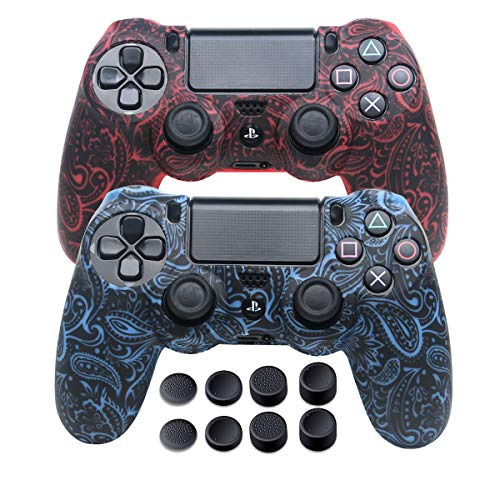 Silicone Cover for PS4 Controller - DualShock 4 Skin Water Printed Protector Case Set for Sony PS4, PS4 Slim, PS4 Pro - 2 Pack Leaf PS4 Controller Skins - 4 Pairs PS4 Thumb Grips - Red & Blue