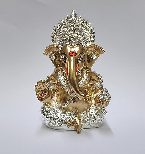 Gold Art India Ganesha Idol Ganesh for Car Dashboard Statue Ganpati Vinayaka Vinayagar Figurine Diwali Gifts Home Decor Luck Success for Small Murti Puja Lord Gift Office Desk Room 3.5 Inches