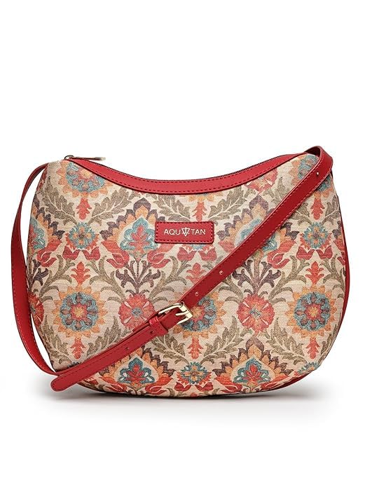 Aquatan Canvas and Vegan Leather block Printed Crossbody Sling Bag for Women Dark Red (B0CW1CV57Q) Amazon Price History, Amazon Price Tracker
