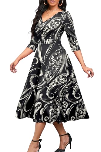 Nmoder Women's Wrap Flared Midi Dress V-Neck 3/4 Sleeve