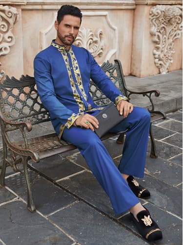 Daupanzees Men's African 2 Piece Set Luxury Traditional Suit Gold Print Dashiki Shirt and Pants Outfit4