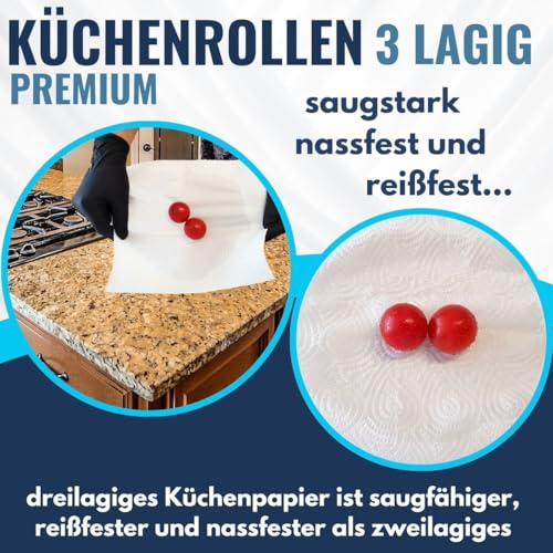 Foto von Küchenrollen 3-lagig, Küchenpapier hochweiß, Handtuchrolle aus 100% Zellstoff, Haushaltspapier, Küchenkrepp, 3-lagig, Menge:32 Rollen