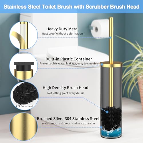 Image of Stainless Steel Toilet Brush and Holder Set Brushed Silver Heavy Duty Toilet Bowl Brush with Long Handle for Bathroom and Farmhouse (Gold)