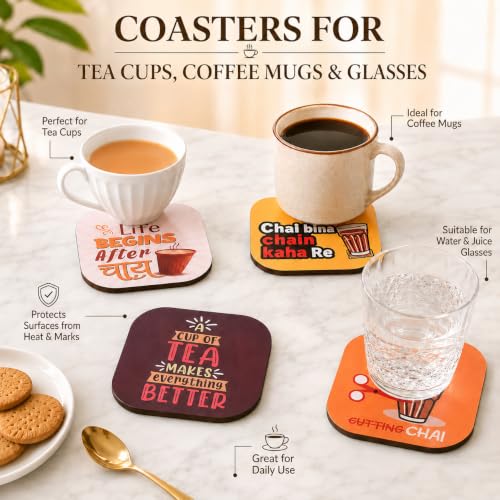 Image of GKD Glossy Wooden Tea Coasters Set of 4 | Premium MDF Drink Coasters with Glossy Finish for Tea Cups, Coffee Mugs & Glasses | Table Coaster Set for Dining Table, Coffee Table & Office Desk