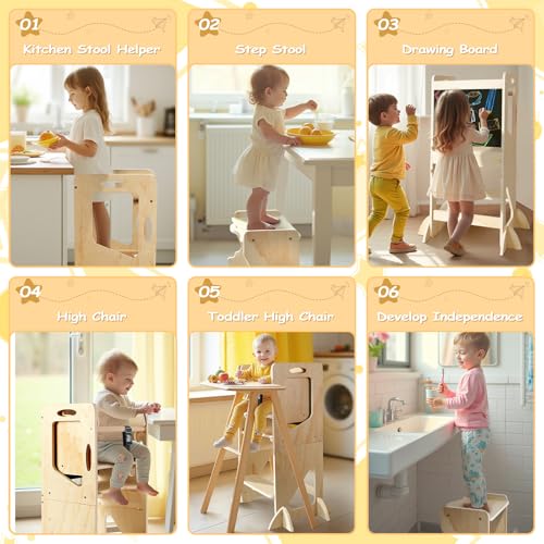 Image of Adjustable Height Toddler Kitchen Step Stool, Learning Standing Tower with Blackboard, Kids Wooden Kitchen Stool Helper, 1-3 Years Old Boys Girls Gift, 5-in-1 with Bench
