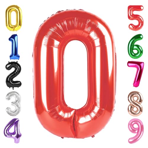 Image of 40 Inch Red Number 0 Balloon Birthday Party Decorations for Men & Women | 40 Inch Red inflatable foil number balloons, large birthday decorations for 0th birthday