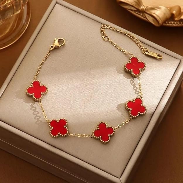 Image of STYOLLO Four-Leaf Clover Anti Tarnish Bracelet for Women & Girls Stylish | Elegant Gold-Plated Lucky Charm Jewelry | Aesthetic Enamel Design Adjustable Chain Bracelet for Daily, Gifting & Festive