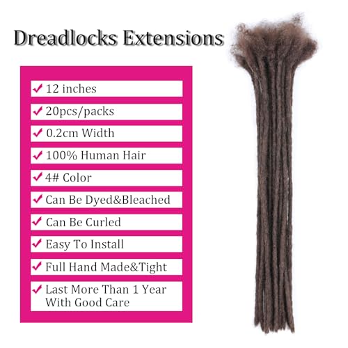 Huarisi 12 Inch Brown Dreadlock Extensions Human Hair 0.2cm Thin Loc Extensions Real Human Hair for Men Women 20 Strands Full Handmade Permanent Dreadlock Extensions Color 4 Can be Curled - Image 2