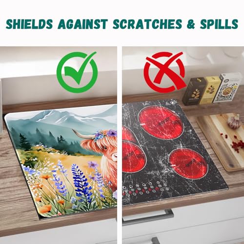 Image of Highland Cow Stove Top Cover for Electric Stove, Highland Cows Range Covers, Flower Range Top Mats, Glass Cooktop Covers 28x20 inch, Cute Animal Spring Cooktop Cover for Kitchen Holiday Home Decor