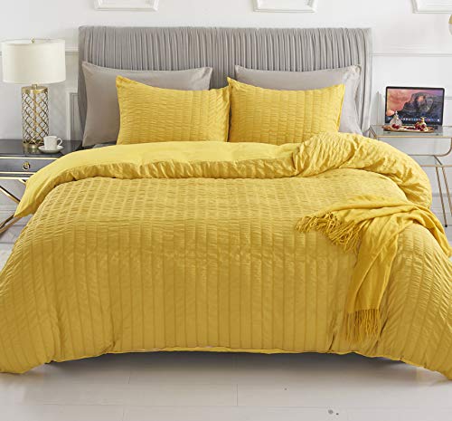 HOdo Home Seersucker Duvet Cover, Washed Duvet Cover Set, 3 Pieces Stripe King Comforter Cover, Ultra Soft Textured Microfiber Bedding Set with Zipper Closure and Corner Ties(Yellow, Queen)